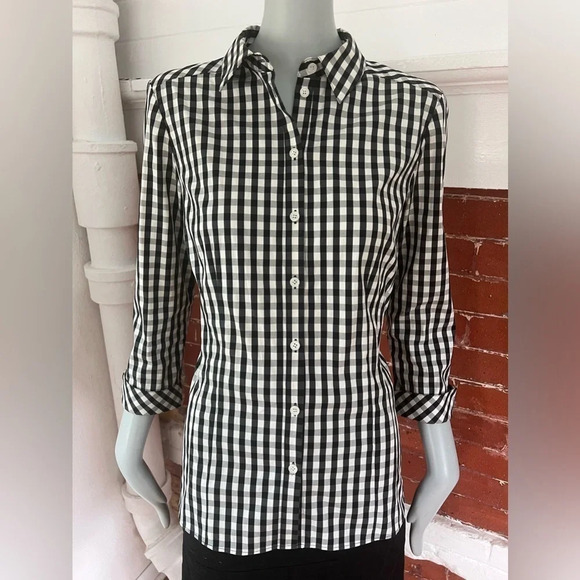 Lafayette 148 Black and White Gingham Fitted Button Down Shirt Checked Top - Picture 1 of 15